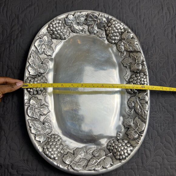 VTG Mexican Pewter Grape & Vine Silver Tray Platter  Large Holiday Serverware - Picture 9 of 12